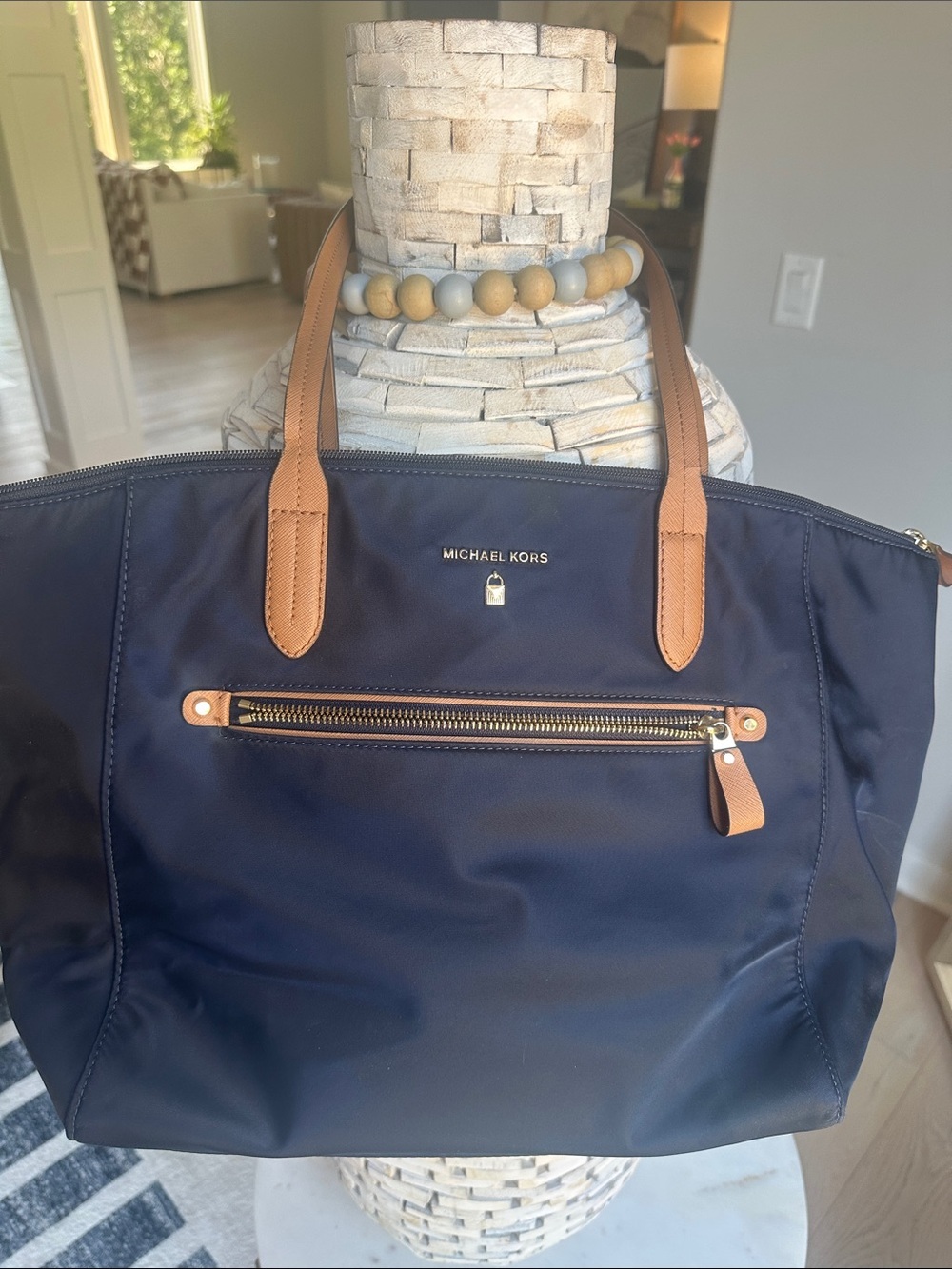 Michael Kors Navy Tote with Tan Leather Handles